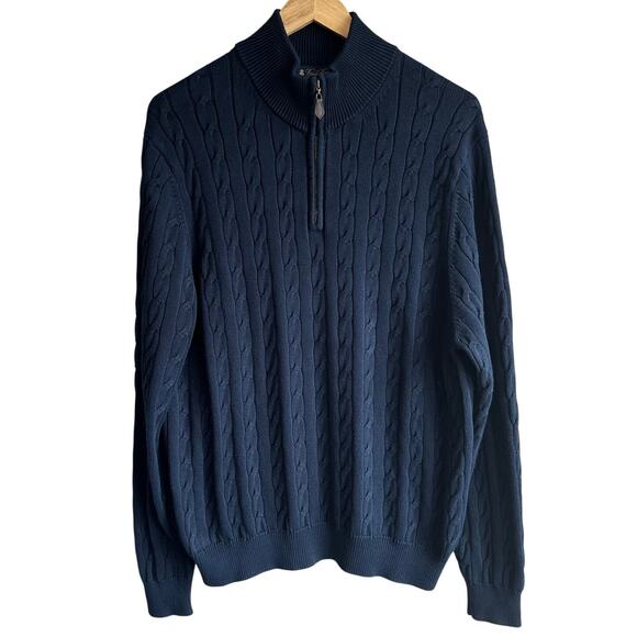 Brooks Brothers Pima Cotton Cable Knit Quarter Zip Navy Blue Sweater - Picture 1 of 8